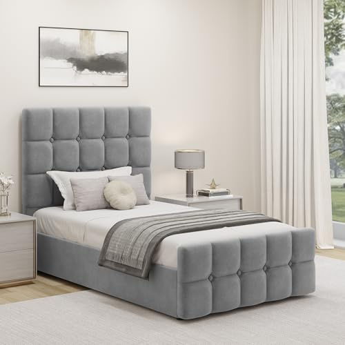 Upholstered Ottoman Bed Single Bed Frame UKFR Velvet Grey Ottoman Storage Bed with Gas Lift End Opening Wooden Slats with Storage Bed (3ft Single 90 x 190, No Mattress)