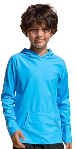 TIZAX Barn UV-skjorta långärmad pojkar badtröja med huva snabbtorkande UPF 50+ solskydd rash Guard T-shirt med ficka ålder 4–14, blå, 7-8 År