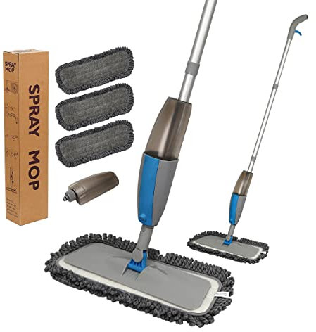 Trapeador en aerosol para limpieza de suelos con 3 almohadillas lavables, mopa plana húmeda/seca para uso doméstico y comercial, equipada con botella recargable, ideal para madera dura, laminado,