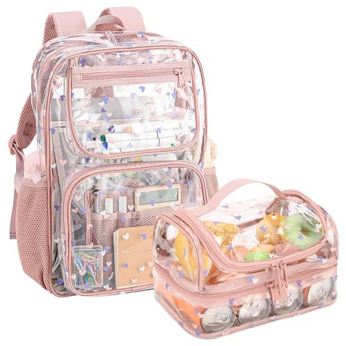 BORMELUN Clear Backpacks with Matching Lunch Bags for Kids(clear backpack & double lunch bag-pink)