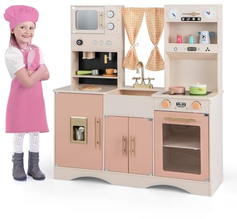 COSTWAY Cuisine Enfant en Bois avec Micro-Ondes & Cafetière, Jeu de Cuisine avec Horloges & Tableau Météo, Évier, Machine à Glaçons, Cuisinière, Jeu d'Imitation pour Garçon Fille de 3 Ans+ (Rose)