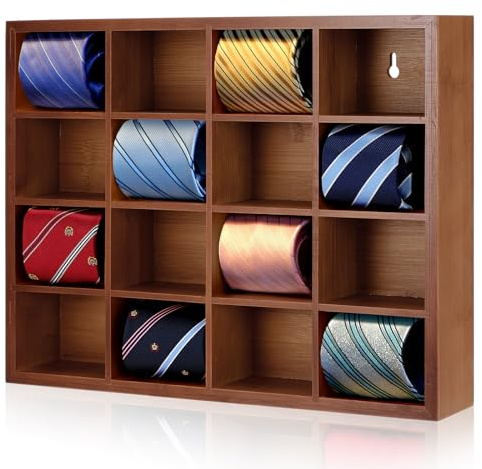 Wesiti Tie Box Organizer Wall Mounted Tie Rack with 16 Compartments Bamboo Belt Holder for Men Scarf Necktie Home Wall Closet (Dark Brown Color,1 Piece)