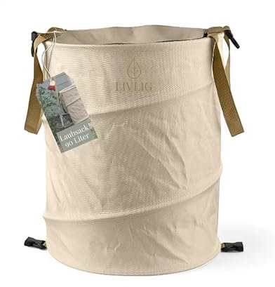 LIVLIG Pop Up Gartensack 90L, Faltbarer Gartenabfallsack mit Deckel und doppeltem Boden, Stabiler Laubsack mit Deckel, Laubsack und Gartenabfallsack Beige