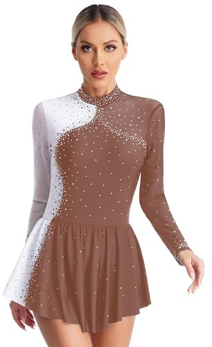 Yruioon Damen Eiskunstlauf Kleid Langarm Ballettanzug mit Strass Rollschuhkleid Patchwork Kürkleid Rollkunstlauf Tanzkleid Wettbewerb Tanzkostüm Braun L