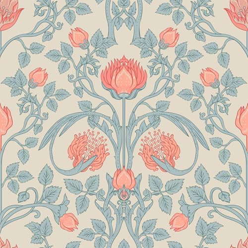VEELIKE Retro Beige Floral Peel and Stick Wallpaper Vintage William Morris Blue Leaf Contact Paper for Furniture 44.5cm x 300cm Art Nouveau Wall Paper for Bedroom Bathroom Wall Mural Removable