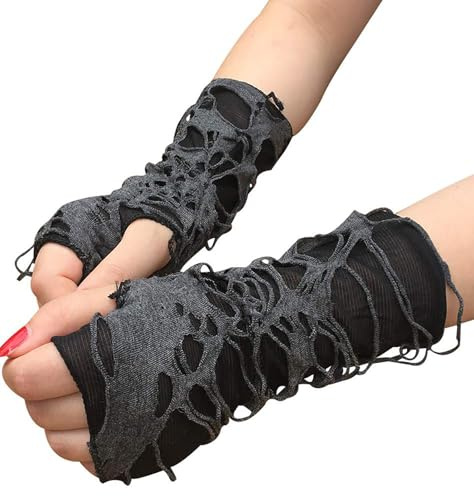 Aucute Unisex Gothic Fingerlose Handschuhe, Punk Torn Arm Warmers Broken Slit Ripped Glove für Halloween Cosplay Zubehör