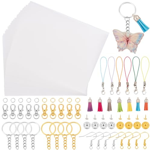 arricraft Ca. 236 Stück Schrumpffolien Set Enthält 20 Blatt Schrumpfpapier Ohrringhaken Geteilte Schlüsselringe 7 Farben Quastenanhänger Für Ohrringe Schlüsselanhänger Schmuck DIY Kreatives