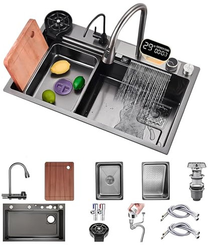 KOOGIMDDR - Lavandino da cucina con superficie di lavoro, 85 x 50 cm, dotato di rubinetto a cascata, in acciaio inox, per uso domestico, con idropulitrice, tagliere, scolapiatti e accessori