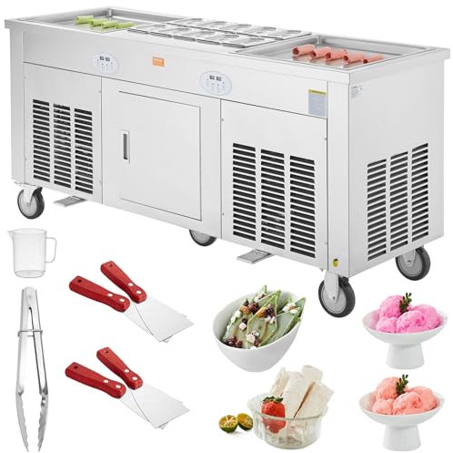 VEVOR Machine à Glace Roulée avec 2 Casseroles de 45x45 cm, Plancha à Glace Roulée en Inox Alimentaire, Machine à Rouler la Glace Commerciale, avec Compresseur et 4 Grattoirs, Boutiques de Desserts