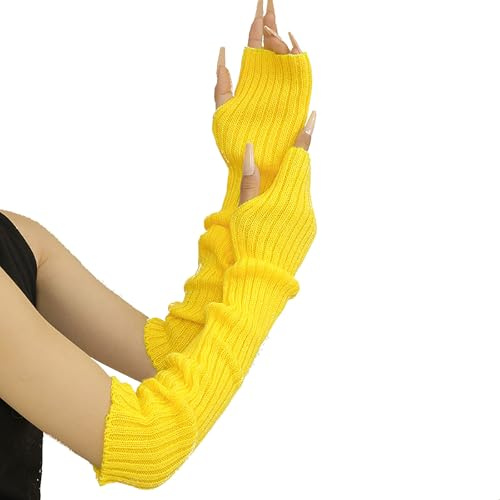 Women's Winter Arm Warmers, Fashion Solid Color Thermal Knitted Arm Warmers, Soft Long Fingerless Gloves with Thumb Hole for Women (Yellow)