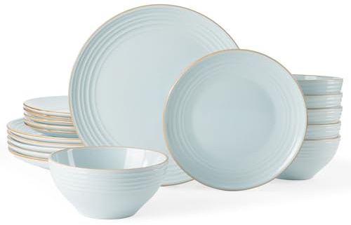 Richmount Jupiter Geschirrset 6 Personen, komplett mit Teller Set & Müslischalen, Steingut Geschirr Set mit Speckles & Rillen-Design, Spülmaschinenfest & Mikrowellengeeignet, Kratzfest, Hellblau