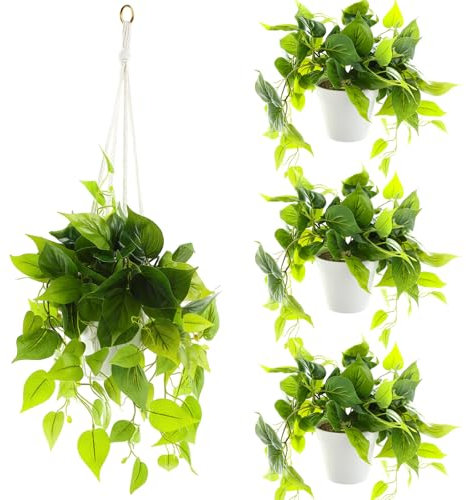 Giegxin 4 Set Fake Hanging Plant with Pot, Fake Pothos Decorative Plants with White Plastic Pot Artificial Plants for Home Decor with Faux Vines Greenery for Bedroom Bathroom Kitchen Office Decor