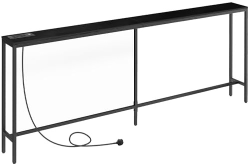 MAHANCRIS Console Table with Power Outlet, 200 CM Narrow Sofa Table, Industrial Entryway with USB Ports, Behind Couch Table for Entryway, Hallway, Foyer, Living Room, Black ACTBK20KE01