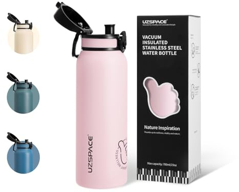 UZSPACE Gourde Isotherme Enfants 700ml en Acier Inoxydable - Gourde Sport à Double Paroi - Bouteille Isotherme Étanche pour École, Bureau ou Sport, Rose Fleuri