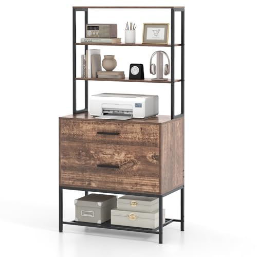 KOMFOTTEU Support d'Imprimante à 5 Niveaux, Meuble Impimante avec 2 Tiroirs pour Organisation des Dossiers, Classeur Document, Style Vintage, Rangement de Bureau, 75 x 40 x 156 cm (Industriel)