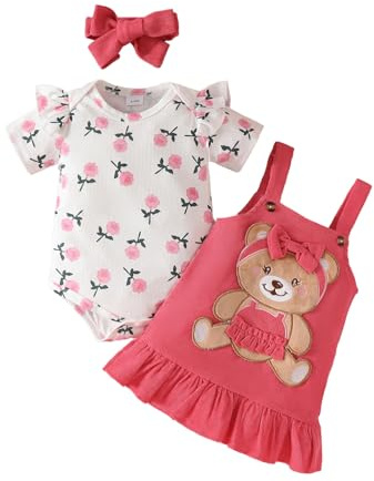 UUAISSO Vestiti per neonati Bambina Cuore Stampa Manica Corta Tutina Bretelle Gonna Orso Vestito Fiocco Fascia 0-18 Mesi Rosa 0-3 mesi
