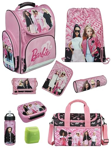 Familando - Schulranzen Set CLOU - 9-teilig mit Sporttasche - Barbie - Ergonomisch, stabil & mit gepolstertem Rücken - 930g leicht - 15L Volumen - Mit Reflektoren - Für Grundschule ab 1. Klasse