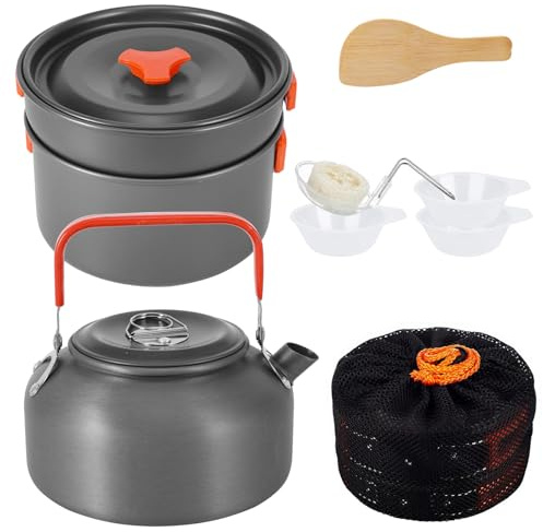 Camping Cooker Pan Set, Camping Cooking Set Portable Camping Pot and Pan Set with Foldable Cutlery, Easy to Clean, 1-2 People Cookware for Picnic Trekking and Hiking