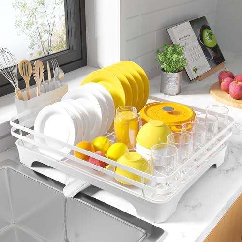 Kitsure Multi-Functional Dish Drainer Rack, 46.5 x 30.5 x 14.0cm, White | Dish Rack for Kitchen Counter with Cutlery Holder, Rust-Proof Storage Solution Dish Drainer with Rotatable, Large Capacity