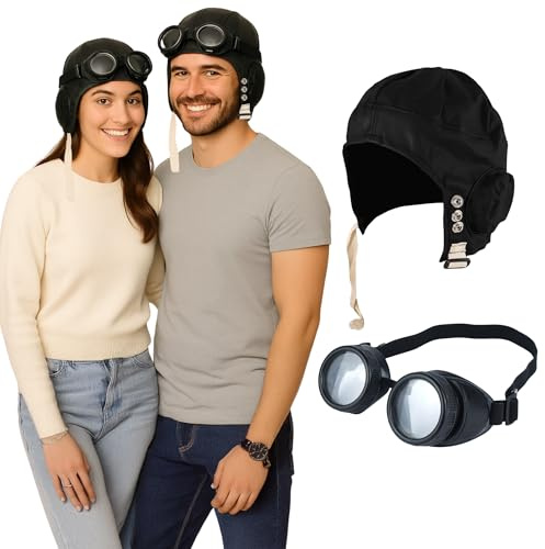 FNA FASHIONS® Black Biggles Hat Pilotenbrille Rahmen Flieger Opas Great Escape Kostüm Kit (schwarzer Biggles Hut + schwarze Brille Set)