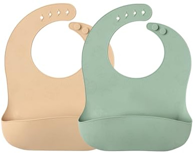 muchmellow - Set Silicone 2 Pezzi, Bavaglini Silicone Morbidi MADE IN ITALY, Tasca Raccoglipappa, Impermeabili Antimacchia, Regolabili, Svezzamento, Plastic Free (Beige + Verde)