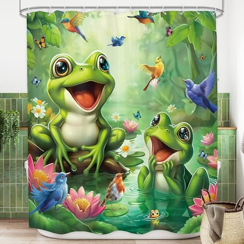 Funny Frog Cartoon Green Woods Pond Plant Cute Bathroom Shower Curtain Set