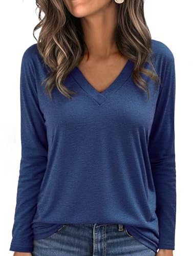 Aottori Womens Long Sleeve Top V Neck Soft Stretch Loose Fit Pullover Tunic