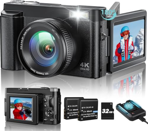 4K Digital Camera 48MP Autofocus Compact Digital Camera with 32GB Card, 3'' 180°Flip Screen 16X Digital Zoom Camera with 2 * 800 mAh Batteries for Beginners