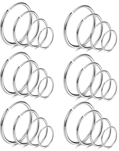 Senshuomy 24pcs Extra Thin Nose Rings,Small Plain Nose Rings 0.8mm Tiny Nose Hoop,Small Hoop Earrings,Lip Rings,Super Snug Nose,Piercing Jewellery for Women, Hypoallergenic (Silver)