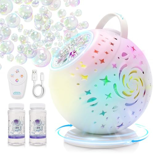 Bubble Machine for Toddlers Kids & Pets with Remote Control, Automatic Rotation & RGB Lights, Type-C Charge, Bubble Maker for Kids, Weddings, Birthday Parties, Outdoor Activities