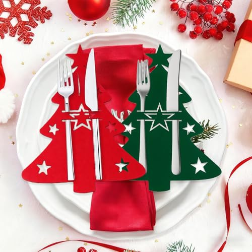 12 Stück Bestecktasche Weihnachten,Bestecktasche Weihnachten,Besteck Tischdeko,GrüN Weihnachtsdeko FüR Geschirr,Tannenbaum Aus Baum Besteckbeutel,Bestecktaschen Deko