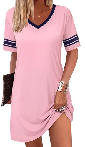 Bresdk Nightdresses for Women uk Soft Cotton Short Sleeve Nightshirt V Neck Nightwear Dress Sleep Loungewear Loose Casual Summer Nightgowns Pink M