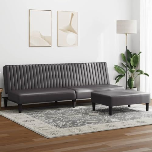 QUAHEAS 2-TLG. Schlafsofa Grau Kunstleder, wandelbare Couch mit Fußhocker, Moderne Polstergarnitur für Wohnzimmer, vielseitige Möbel für Entspannung und Gäste