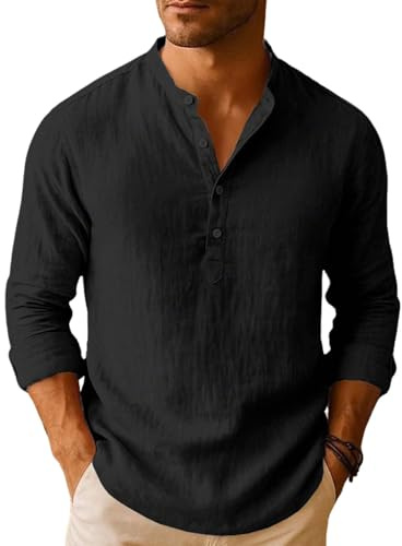 Camisa de Lino de algodón de Manga Larga para Hombre Henley Camisas Informales de Verano Camisa Cuello Mao con Botones T-Shirt de Playa Hawaiana para Aire Libre
