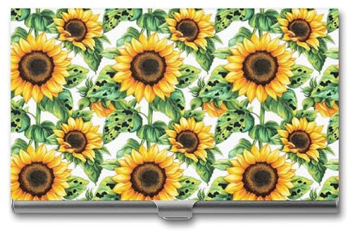 Nevjipu Visitenkartenetui aus Metall, Motiv: gelbe Sonnenblumen, Felddruck, Reisen, schmal, quadratisch, Visitenkarten-Brieftaschen, Geldbörse, Organizer, Bürozubehör für Männer und Frauen