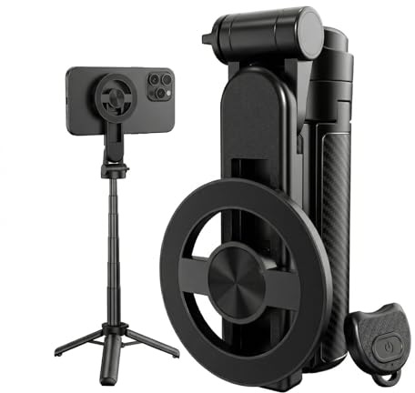AURIVEE® Palo Selfie Magnético 4-en-1 Trípode – Imán N52 Potente, Rotación 360°, Mando Bluetooth, Telescópico, Accesorio de Viaje Portátil para iPhone & Android