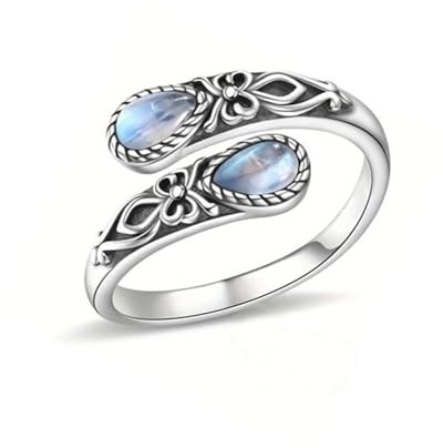 QKEOISUD Silver Plated Adjustable Vintage Moonstone Ring for Women, Dainty Victoria Retro Relief Bow Boho Style Stackable Opal Mood Ring, Anxiety Relief Jewelry Gift for Her