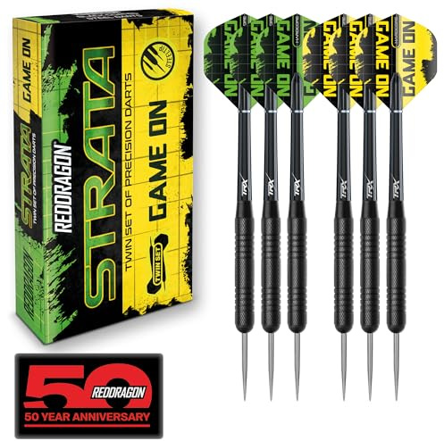 RÖD DRAGON Strata Game On Dart-set – 20 gram svart stålspetspilar med flygningar och axlar (stjälkar)