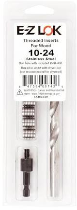 E-Z LOK 400-3-CR Threaded Inserts for Wood, Installation Kit, Stainless Steel, Includes 10-24 Knife Thread Inserts (6), Drill, Installation Tool