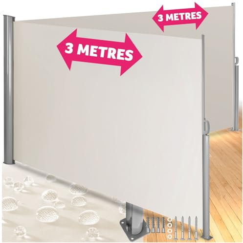 tectake® Double-Sided & Retractable Side Awning in Lightweight, Rust-free Aluminium with UV-Protection & Water-Repellent Fabric - 200x600cm Garden Privacy Screen for Garden, Balcony & Patio - Beige