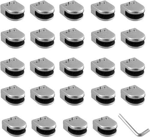 uyoyous 24 Stück Glashalter, 6–8 mm Edelstahl Glasklammern, Verstellbare Glashalterungen, Flachrückseitige Befestigungsklammern für Geländer, Treppenhandläufe und Fenster, Silberfarben