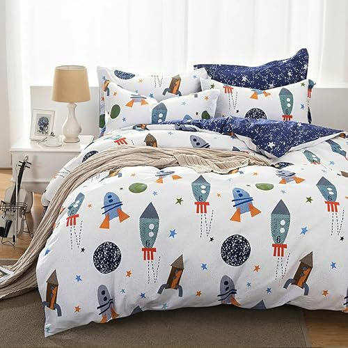 Qucover Juego de Cama para Niño Cama 90 Funda Nordica Infantil 135x200 cm,100% Algodón, Cama Individual, Reversible Diseño de Cosmos para Dormitorio de los Niños