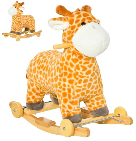 HOMCOM Cavallo a Dondolo per Bambini a Giraffa con Ruote e Suoni, Gioco Cavalcabile per Bambini 3-6 Anni in Peluche e Legno, 63x38x63cm, Giallo