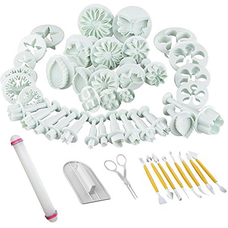 ilauke Juego de 47 Moldes para Fondant,Cortador Fondant Moldes Diseño de Copos de Nieve,Cortadores de Galletas con Eyector de Rosa para Modelar Cortadores Galletas de Flor,Amor,Mariposa,Estrella,Hojas