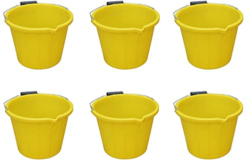 𝗦𝗘𝗧 𝗢𝗙 𝟲 - Heavy Duty 3 Gallon 14Litre Plastic Builders Bucket with Strong Metal Handle Water Storage Mixing Animal Feeding Bucket For Home, Garden, Farm - Made In UK (YELLOW)