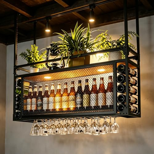 Modern Metal Wall Mounted Wine Display Rack, Large Capacity Ceiling Wine Rack, Can Hanging Or Wall Mounted, Simple Type With Light Wine Rack For Bar, Restaurant, Indoor (BLACK, 160*30*55+40cm)