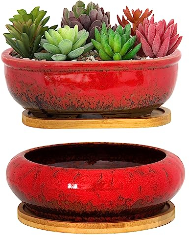 ARTKETTY Succulent Plant Pot - Large Ceramic Bonsai Pot with Drainage Tray, 1 Rectangle Planter + 1 Round Plant Pot for Indoor Cactus Flower Plants Decorative Garden Home
