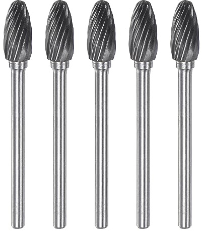 sourcing map 5pcs Carbide Rotary Burrs 1/8 (3mm) Shank 1/4 (6mm) Head Single Cut Flame H Shape Die Grinder Bits Rasp Files for Hard Metal Wood Stone Polishing Engraving