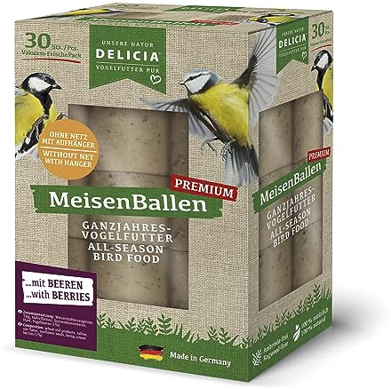 DELICIA® Balle per cincincince di alta qualità con bacche (30 pezzi senza rete) · Gnocchi con gancio · Blocco grasso per uccelli da giardino e uccelli selvatici · Mangiatoia per uccelli · Palla di