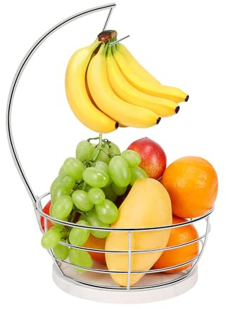 Livabber Countertop Fruit Basket Bowl with Banana Hanger, Modern Standing Fruit Vegetable Bowl Storage, with Banana Tree Holder for Kitchen Dinning Table (Round Marble, Chrome)